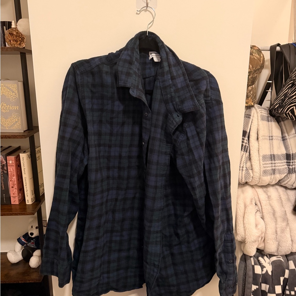 Dark Blue and Black Plaid Button-Up Shirt